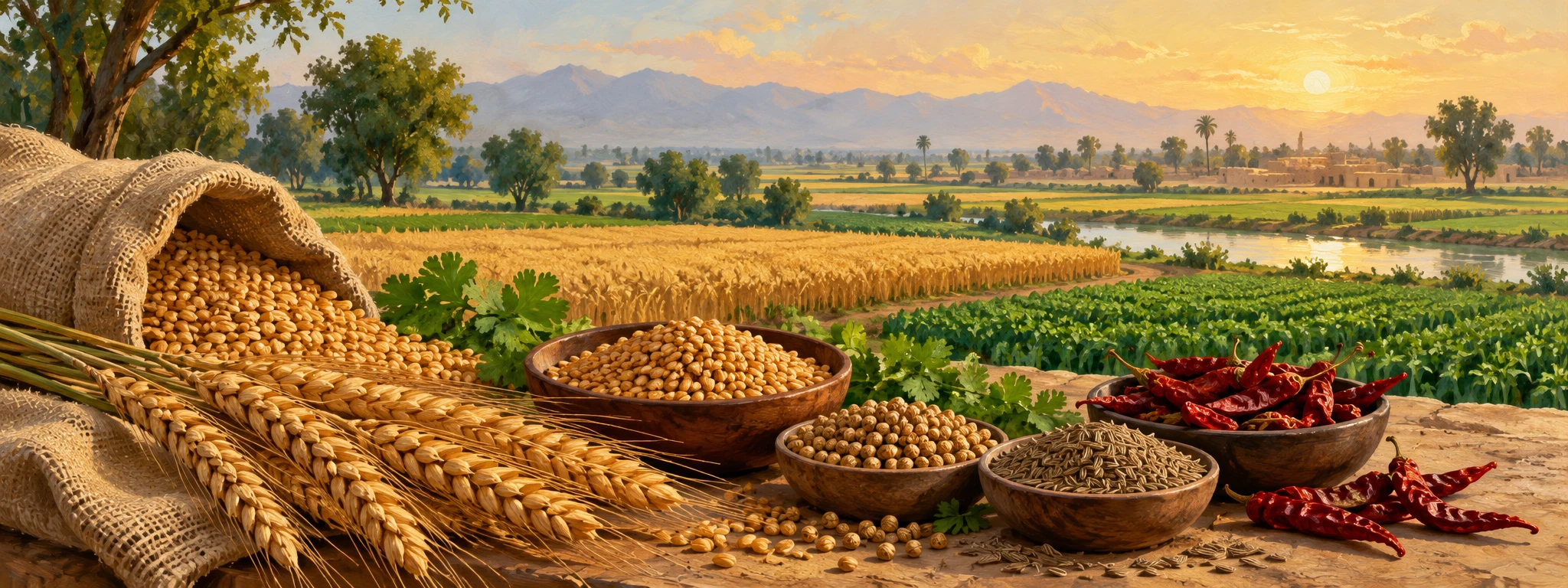 زرعی اجزاء اور منظرنامے کی تصوراتی تصویر۔